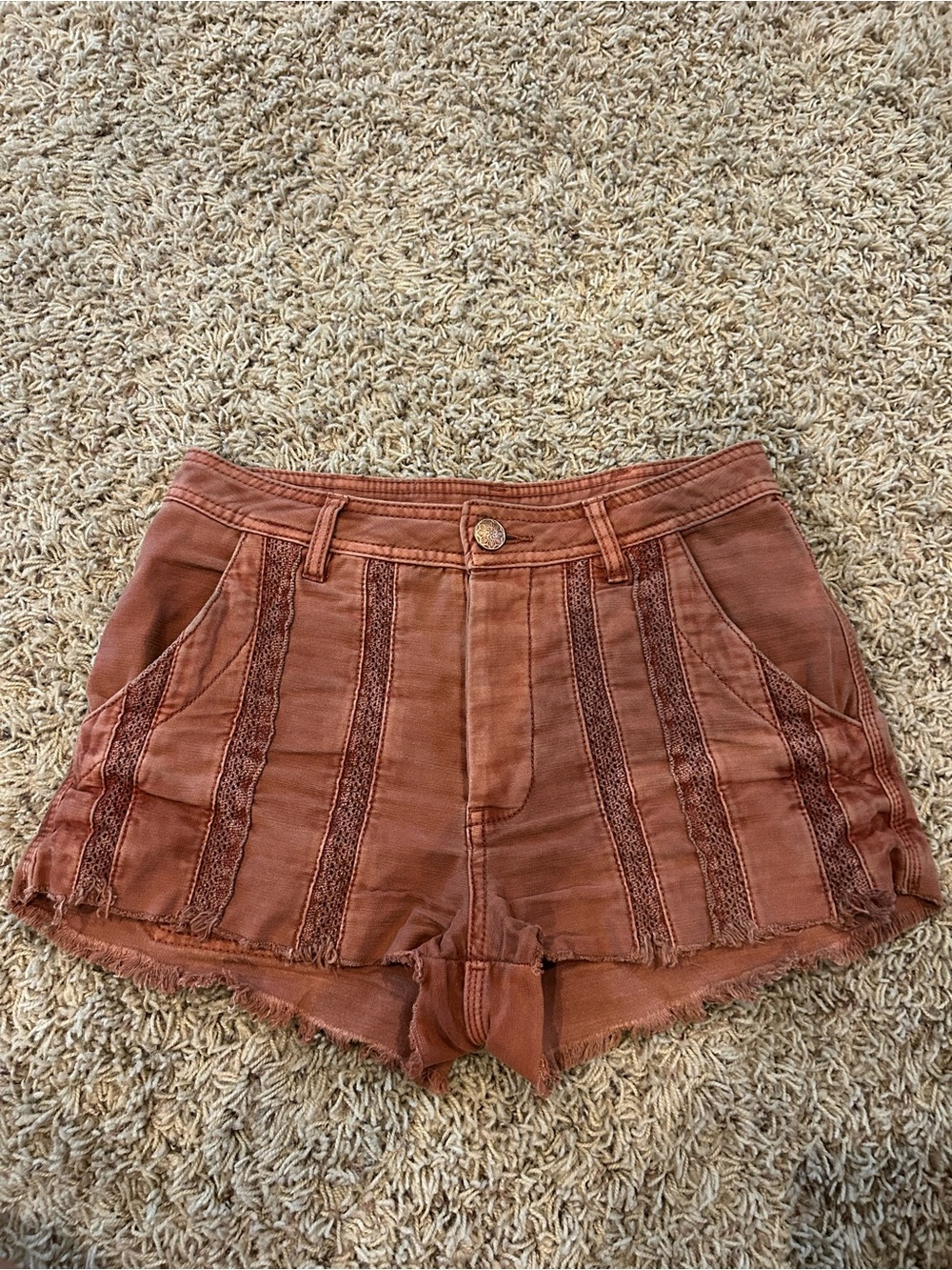 Free People Rust Lace-Panel High-Rise Jean Shorts